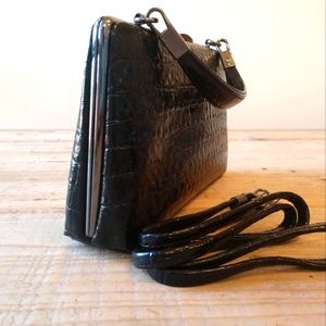 Faux black croc patent leather clutch
